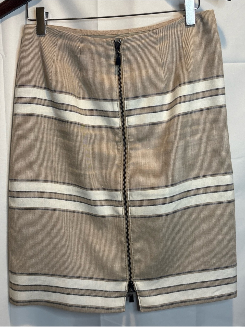 Worth Beige and Cream Striped Pencil Skirt with Front Zip